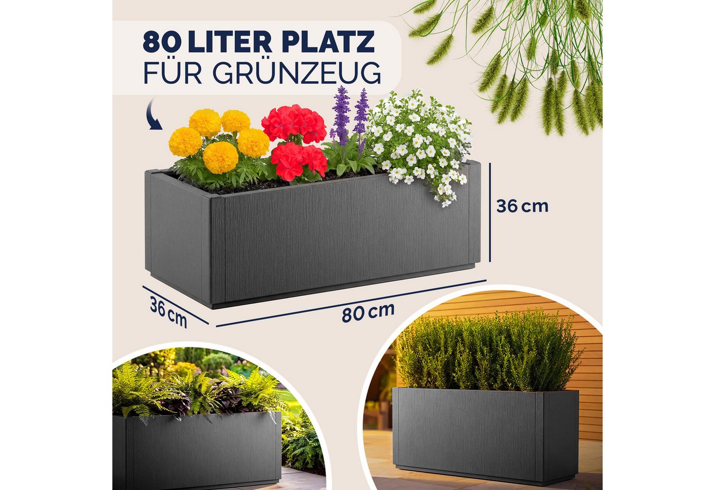 Casaria Blumenkasten Ethica, 80L Pflanzkübel für Draussen Terrasse 80x36x36cm Groß Eckig Anthrazit – Bild 3 von 5