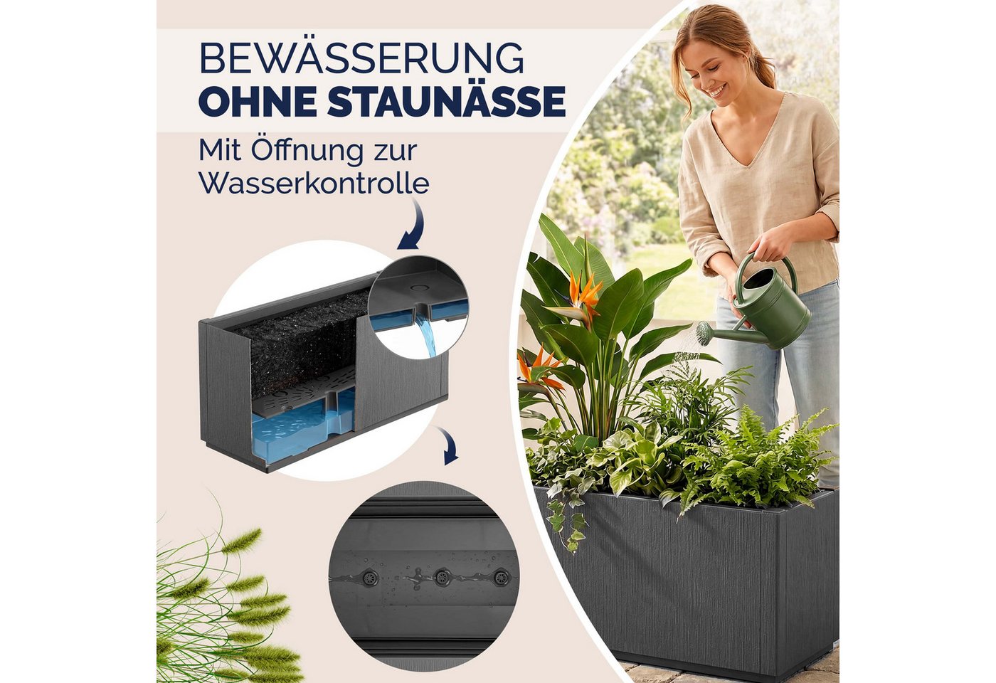Casaria Blumenkasten Ethica, 80L Pflanzkübel für Draussen Terrasse 80x36x36cm Groß Eckig Anthrazit – Bild 4 von 5