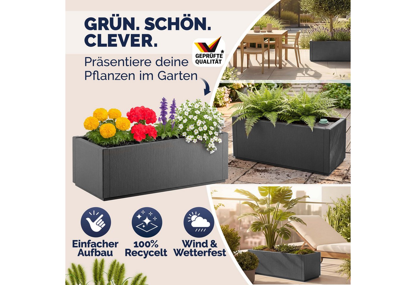 Casaria Blumenkasten Ethica, 80L Pflanzkübel für Draussen Terrasse 80x36x36cm Groß Eckig Anthrazit – Bild 5 von 5