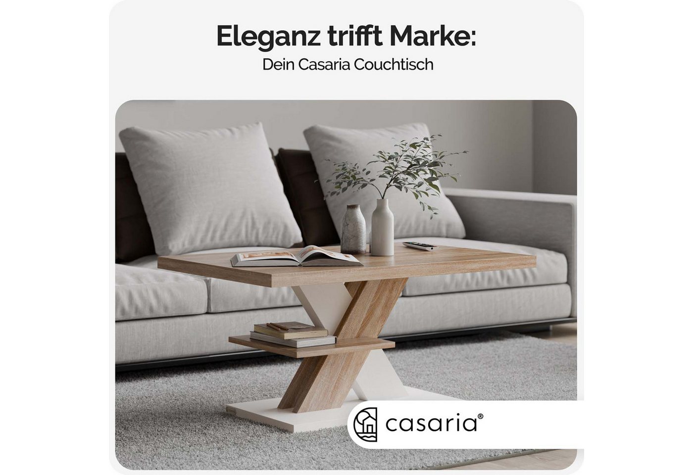 Casaria Couchtisch Detroit, Holz 2 Ablagen 90x60cm Modern Eckig Kratzfest Weiß Eiche – Bild 2 von 5