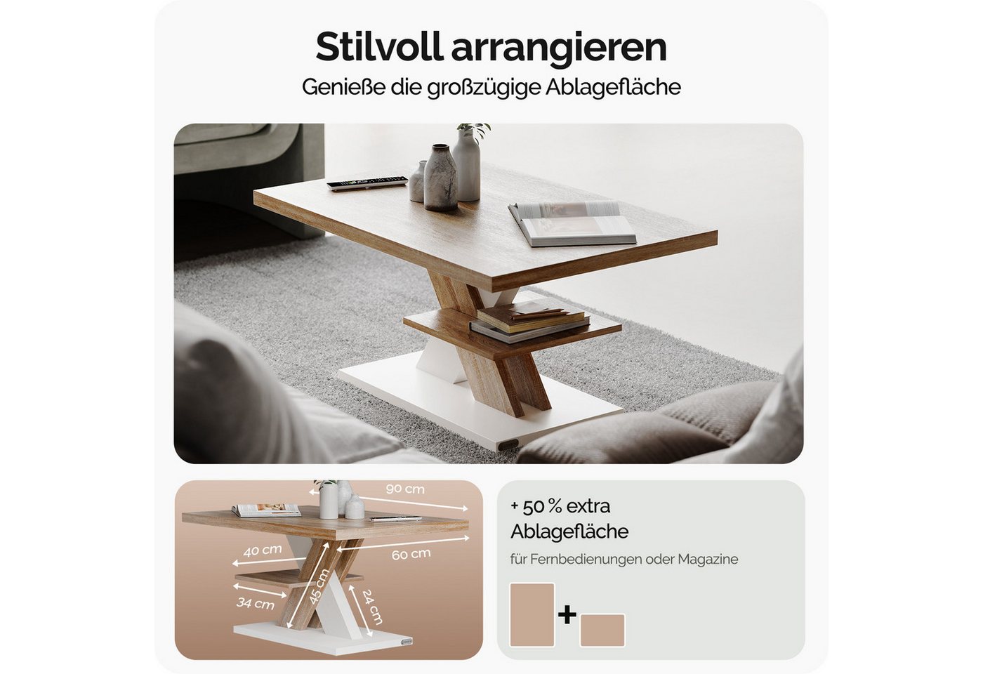 Casaria Couchtisch Detroit, Holz 2 Ablagen 90x60cm Modern Eckig Kratzfest Weiß Eiche – Bild 3 von 5
