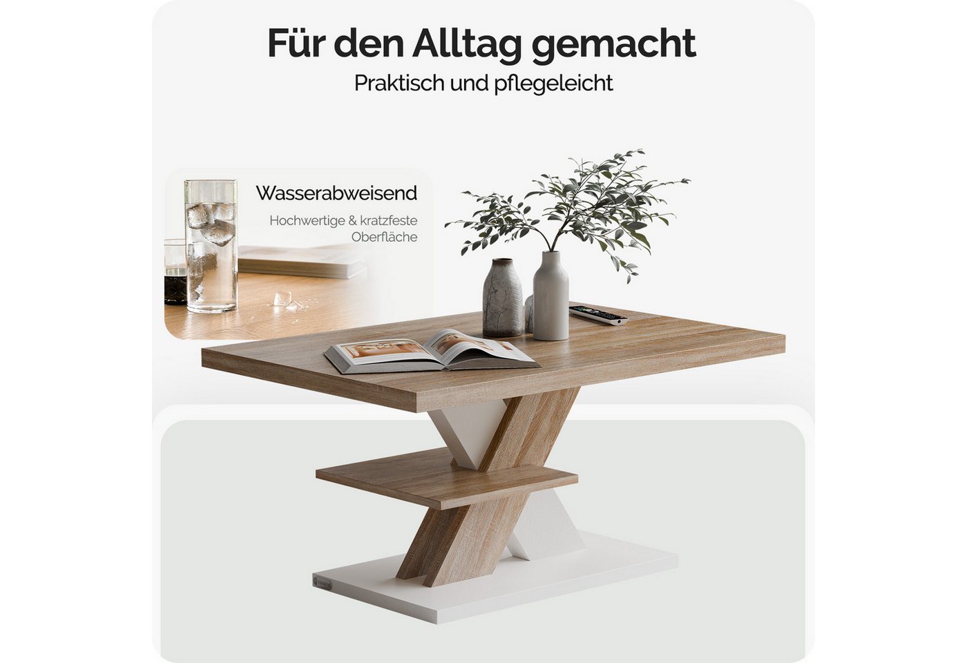 Casaria Couchtisch Detroit, Holz 2 Ablagen 90x60cm Modern Eckig Kratzfest Weiß Eiche – Bild 4 von 5