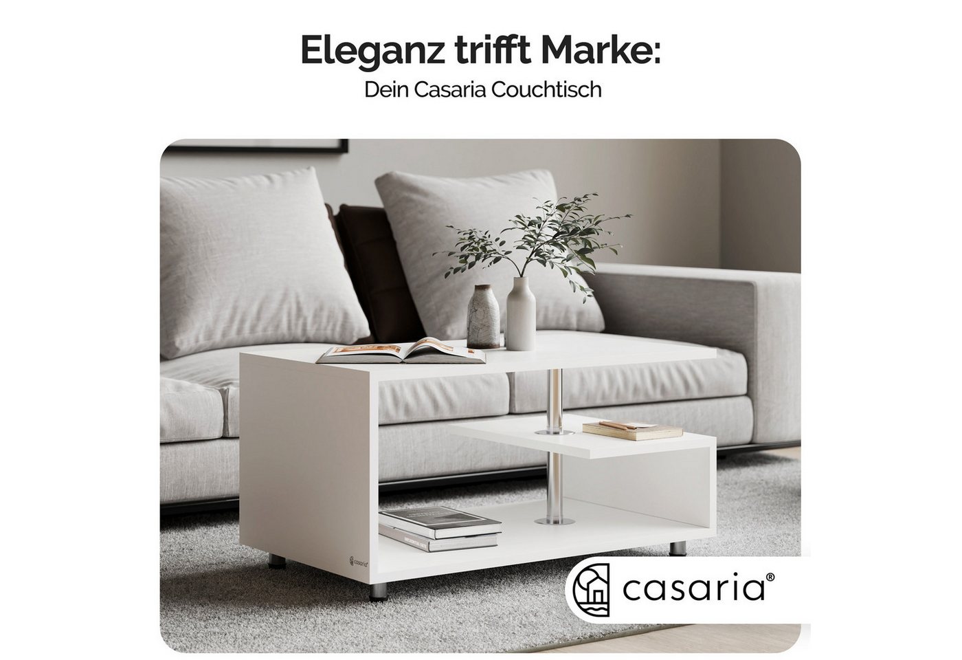 Casaria Couchtisch Orlando, Stauraum 3 Ablagen Holz Modern Höhenverstellbar 95x55x50cm Weiß – Bild 2 von 5