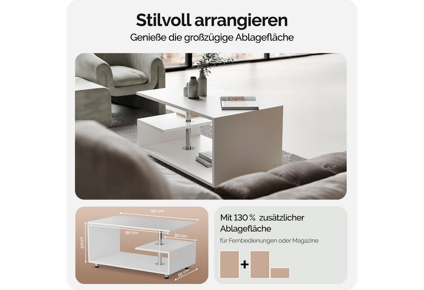 Casaria Couchtisch Orlando, Stauraum 3 Ablagen Holz Modern Höhenverstellbar 95x55x50cm Weiß – Bild 3 von 5