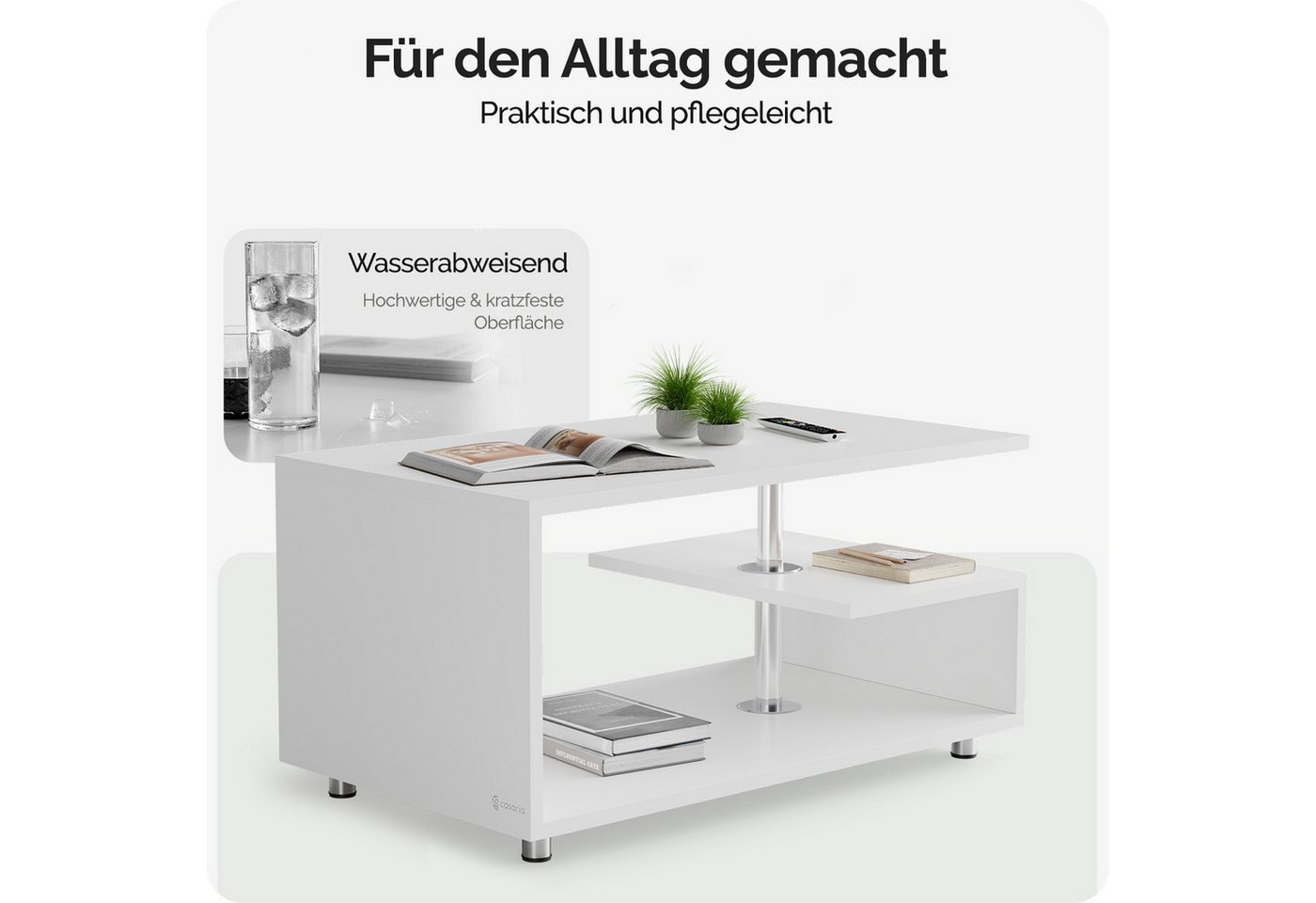 Casaria Couchtisch Orlando, Stauraum 3 Ablagen Holz Modern Höhenverstellbar 95x55x50cm Weiß – Bild 4 von 5