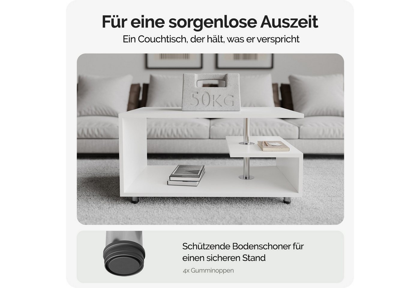 Casaria Couchtisch Orlando, Stauraum 3 Ablagen Holz Modern Höhenverstellbar 95x55x50cm Weiß – Bild 5 von 5