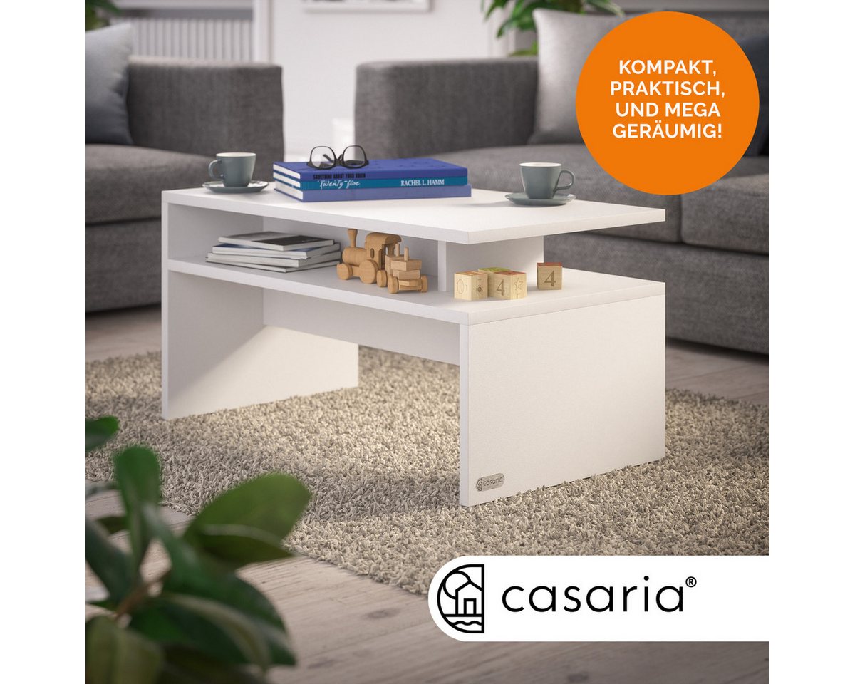 Casaria Couchtisch Sacramento, Holz Weiß mit Stauraum 95x55x50cm 2 Ablagen Matt Modern Eckig – Bild 2 von 5