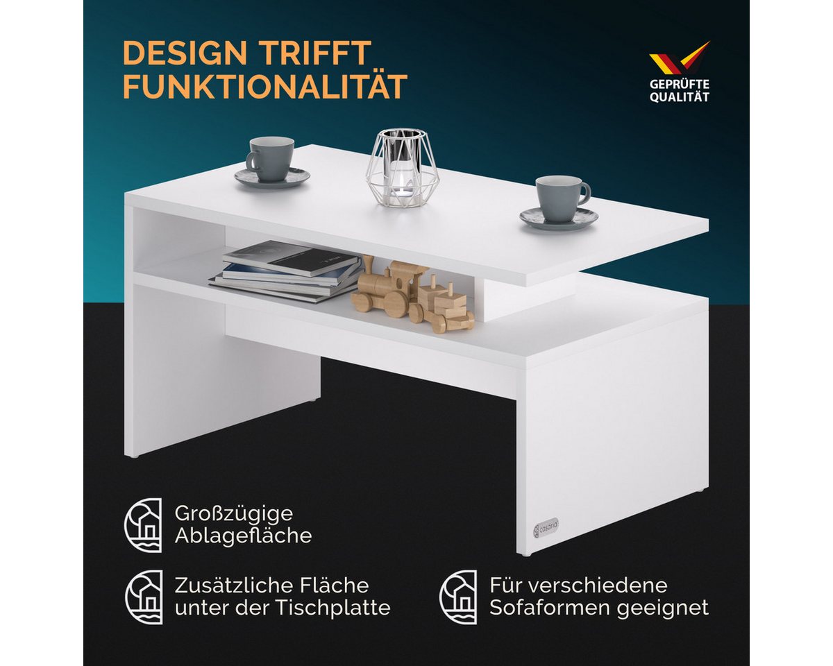 Casaria Couchtisch Sacramento, Holz Weiß mit Stauraum 95x55x50cm 2 Ablagen Matt Modern Eckig – Bild 3 von 5