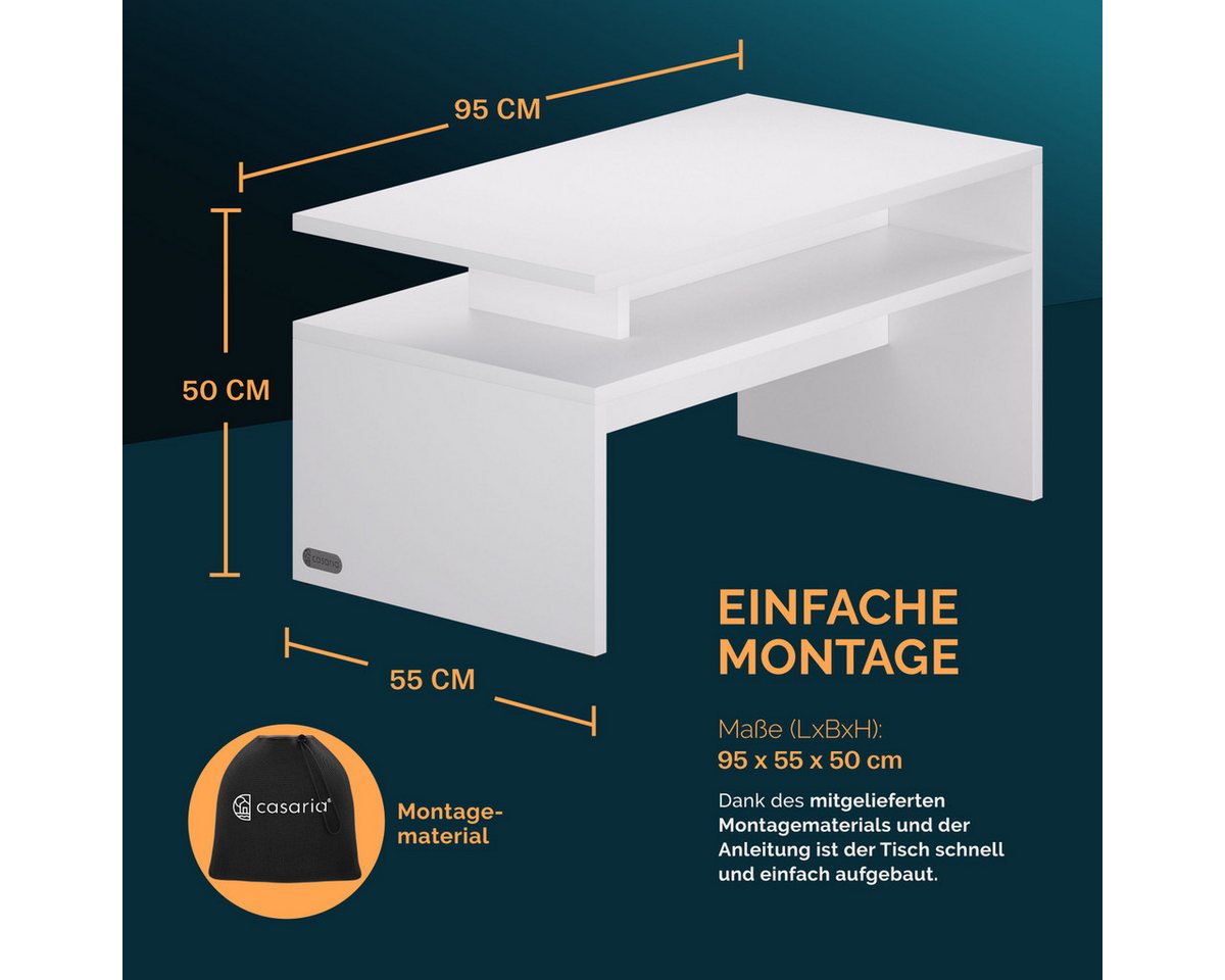 Casaria Couchtisch Sacramento, Holz Weiß mit Stauraum 95x55x50cm 2 Ablagen Matt Modern Eckig – Bild 5 von 5