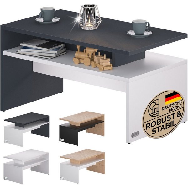Casaria Couchtisch Sacramento, Holz Weiß Schwarz mit Stauraum 95x55x50cm 2 Ablagen Matt Modern Eckig