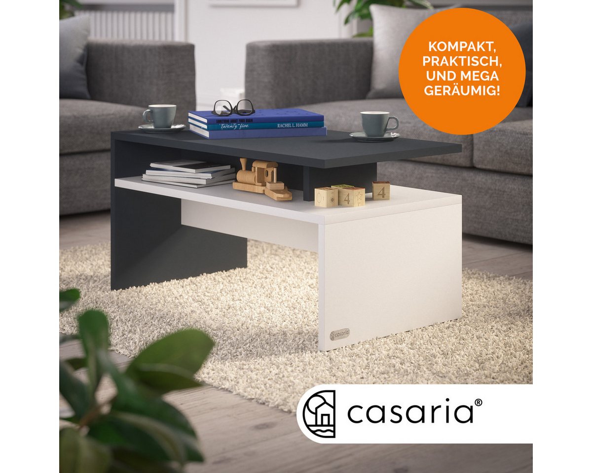 Casaria Couchtisch Sacramento, Holz Weiß Schwarz mit Stauraum 95x55x50cm 2 Ablagen Matt Modern Eckig – Bild 2 von 5