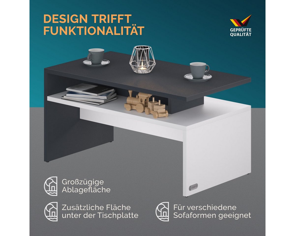 Casaria Couchtisch Sacramento, Holz Weiß Schwarz mit Stauraum 95x55x50cm 2 Ablagen Matt Modern Eckig – Bild 3 von 5