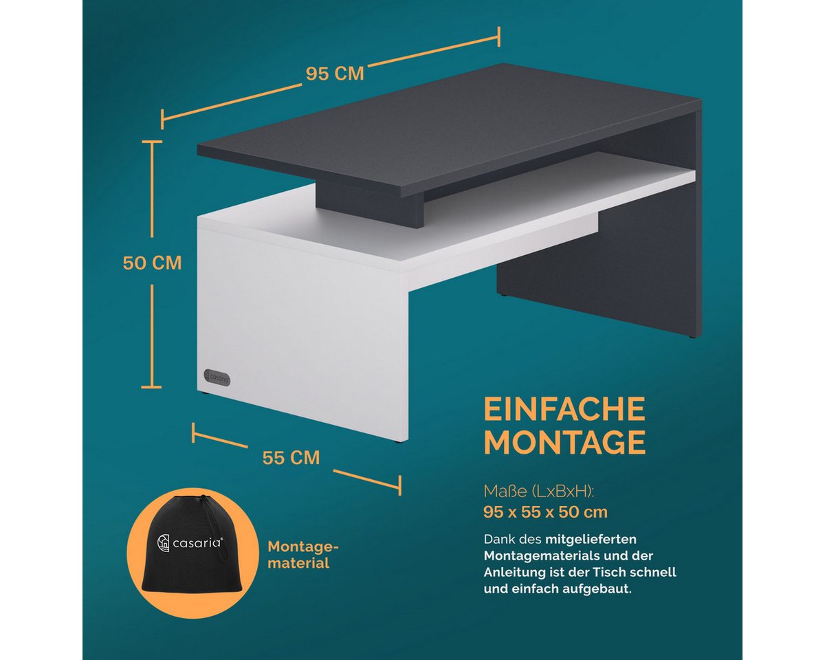 Casaria Couchtisch Sacramento, Holz Weiß Schwarz mit Stauraum 95x55x50cm 2 Ablagen Matt Modern Eckig – Bild 4 von 5