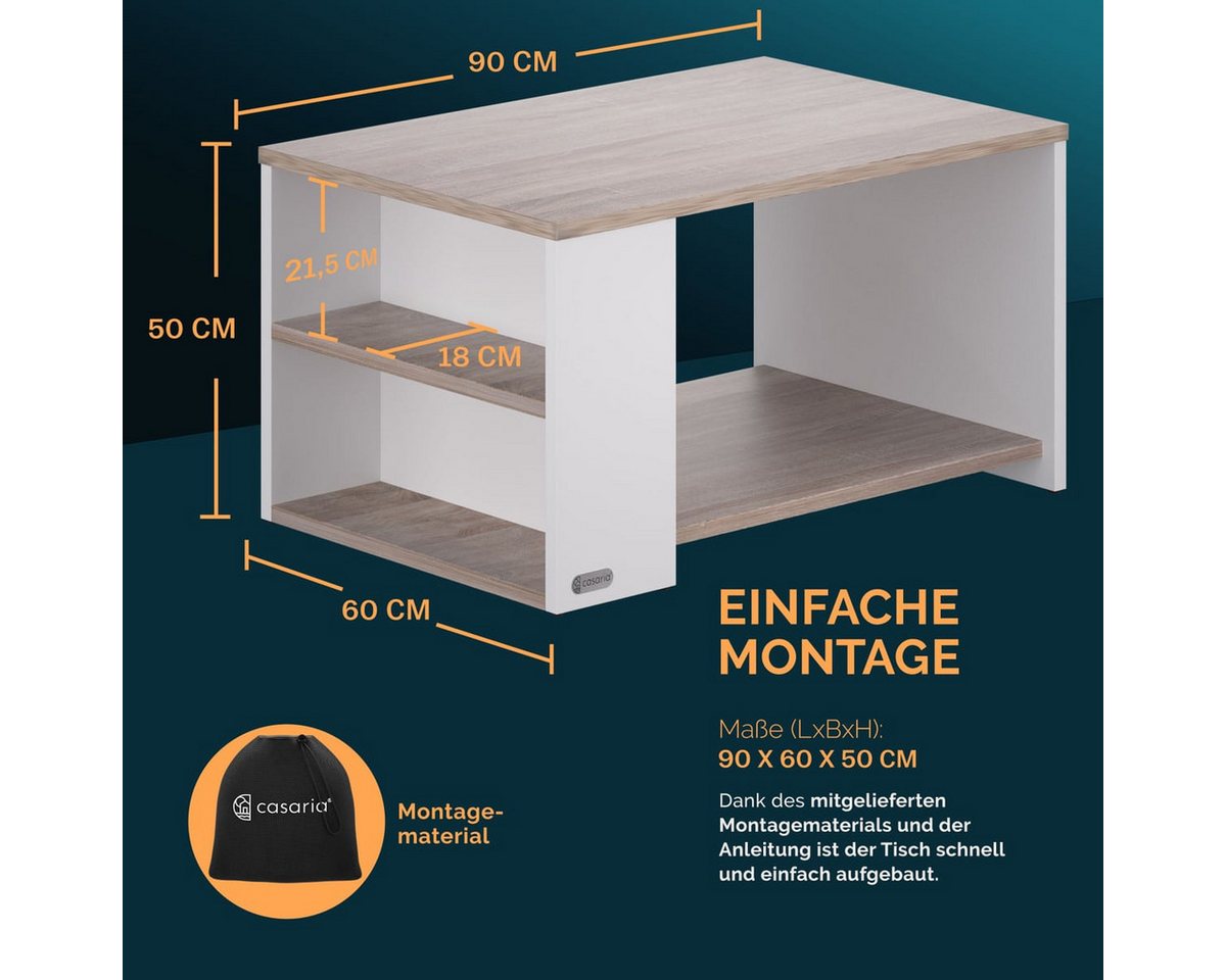 Casaria Couchtisch Santa Cruz, Wohnzimmertisch Stauraum Holz Weiß Eiche 90x60x50cm Ablage Sofatisch – Bild 4 von 5