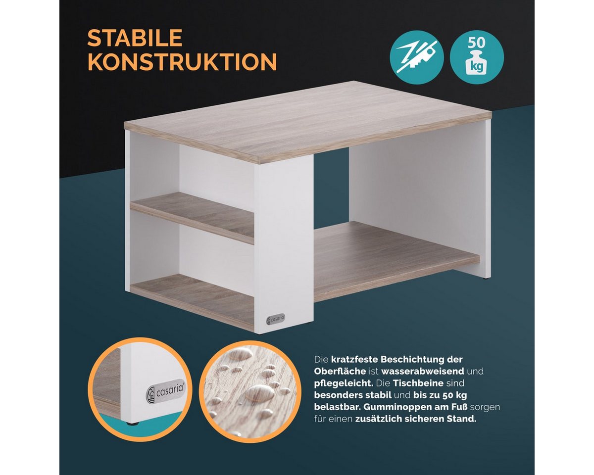 Casaria Couchtisch Santa Cruz, Wohnzimmertisch Stauraum Holz Weiß Eiche 90x60x50cm Ablage Sofatisch – Bild 5 von 5
