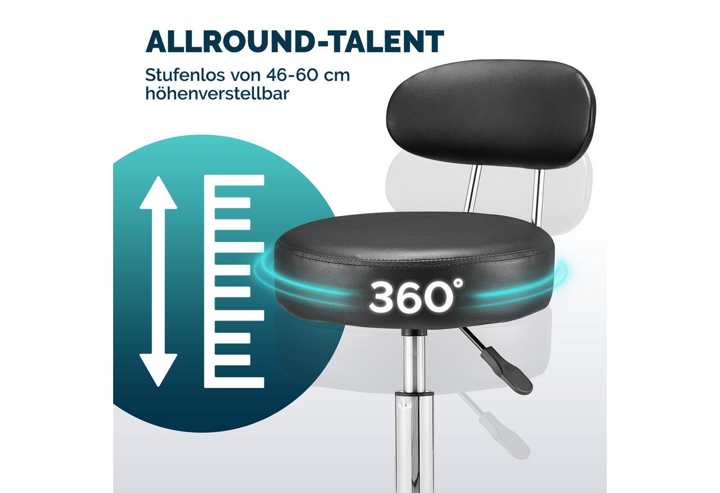 Casaria Drehhocker, Lehne Höhenverstellbar 10cm Polsterung 360°C Drehbar 46-60cm Sitzhöhe – Bild 3 von 5