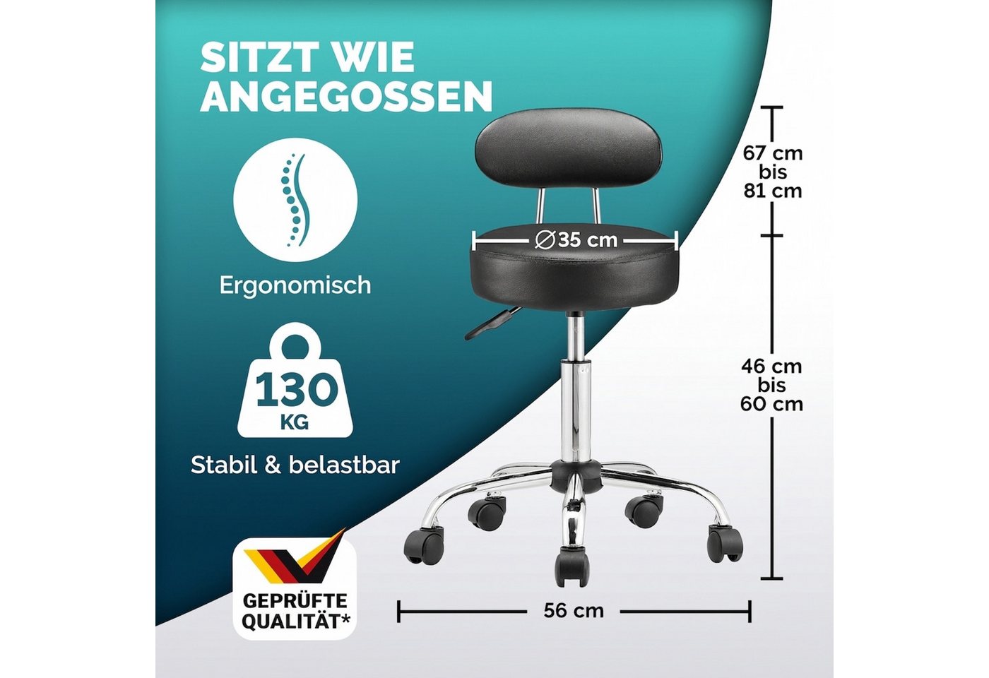 Casaria Drehhocker, Lehne Höhenverstellbar 10cm Polsterung 360°C Drehbar 46-60cm Sitzhöhe – Bild 4 von 5