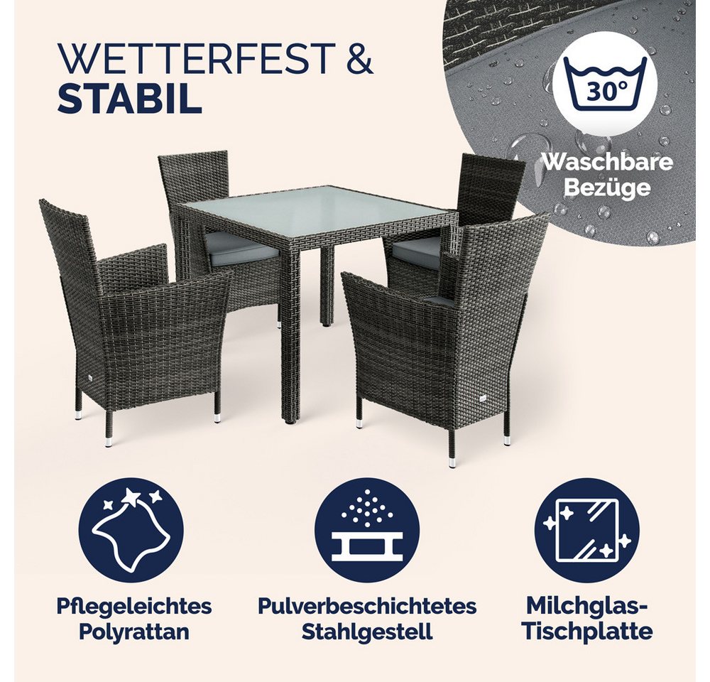 Casaria Garten-Essgruppe, (5-tlg), Polyrattan 4 Personen Wetterfest inkl. 7cm Auflagen Stühle Stapelbar – Bild 3 von 5