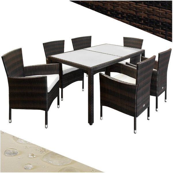Casaria Garten-Essgruppe 6+1, Gartenmöbel Set 6 Stühle inkl. 7cm Polster Tisch 150x90cm braun
