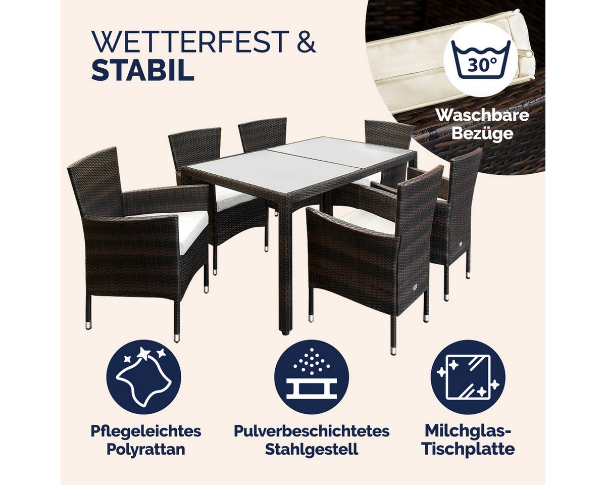 Casaria Garten-Essgruppe 6+1, Gartenmöbel Set 6 Stühle inkl. 7cm Polster Tisch 150x90cm braun – Bild 2 von 5
