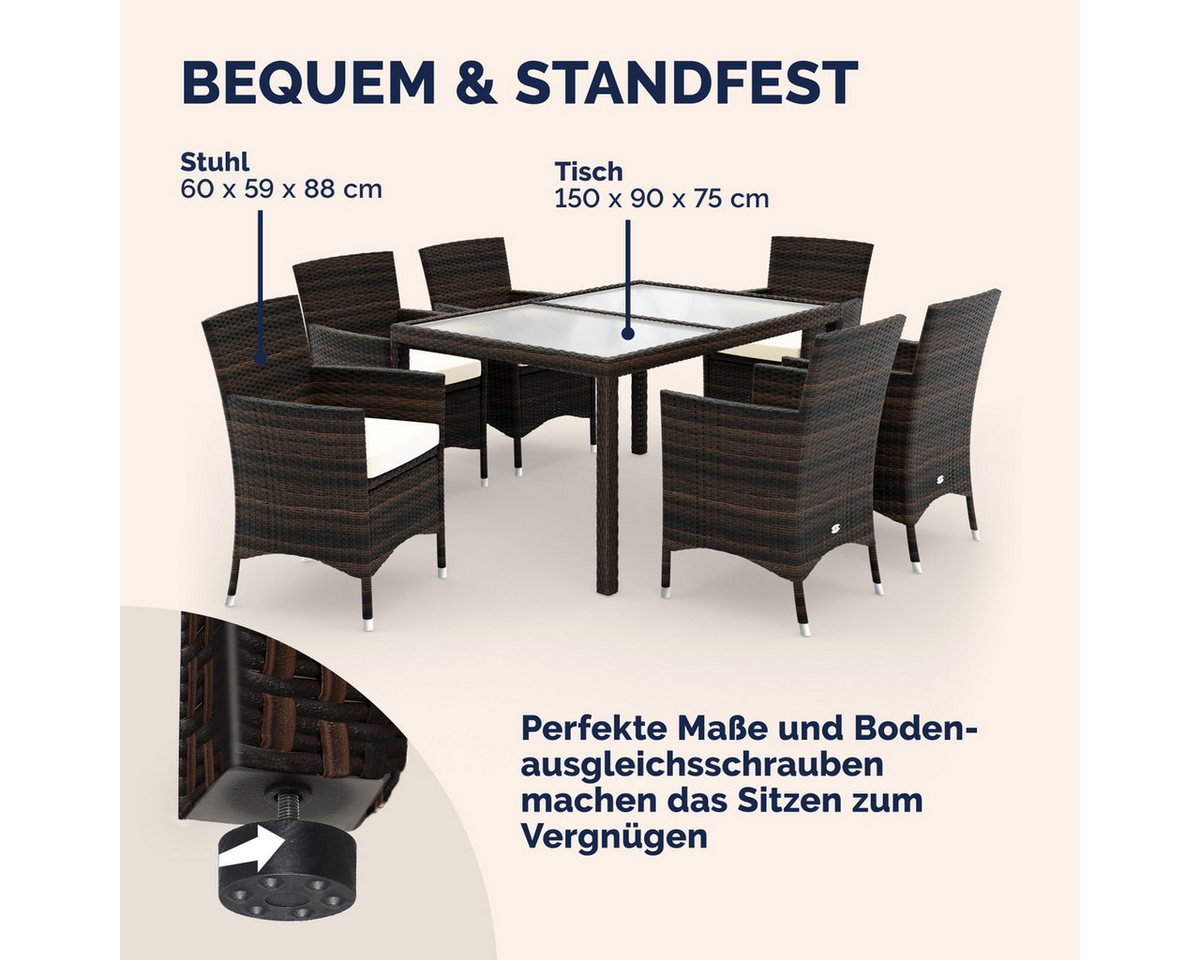 Casaria Garten-Essgruppe 6+1, Gartenmöbel Set 6 Stühle inkl. 7cm Polster Tisch 150x90cm braun – Bild 5 von 5