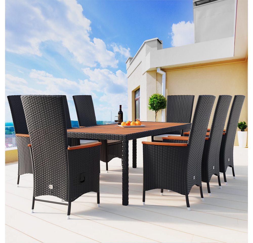 Casaria Garten-Essgruppe, (9-tlg), 8 Personen Polyrattan 2 verstellbare Lehnen Auflagen Holz Wetterfest – Bild 2 von 5