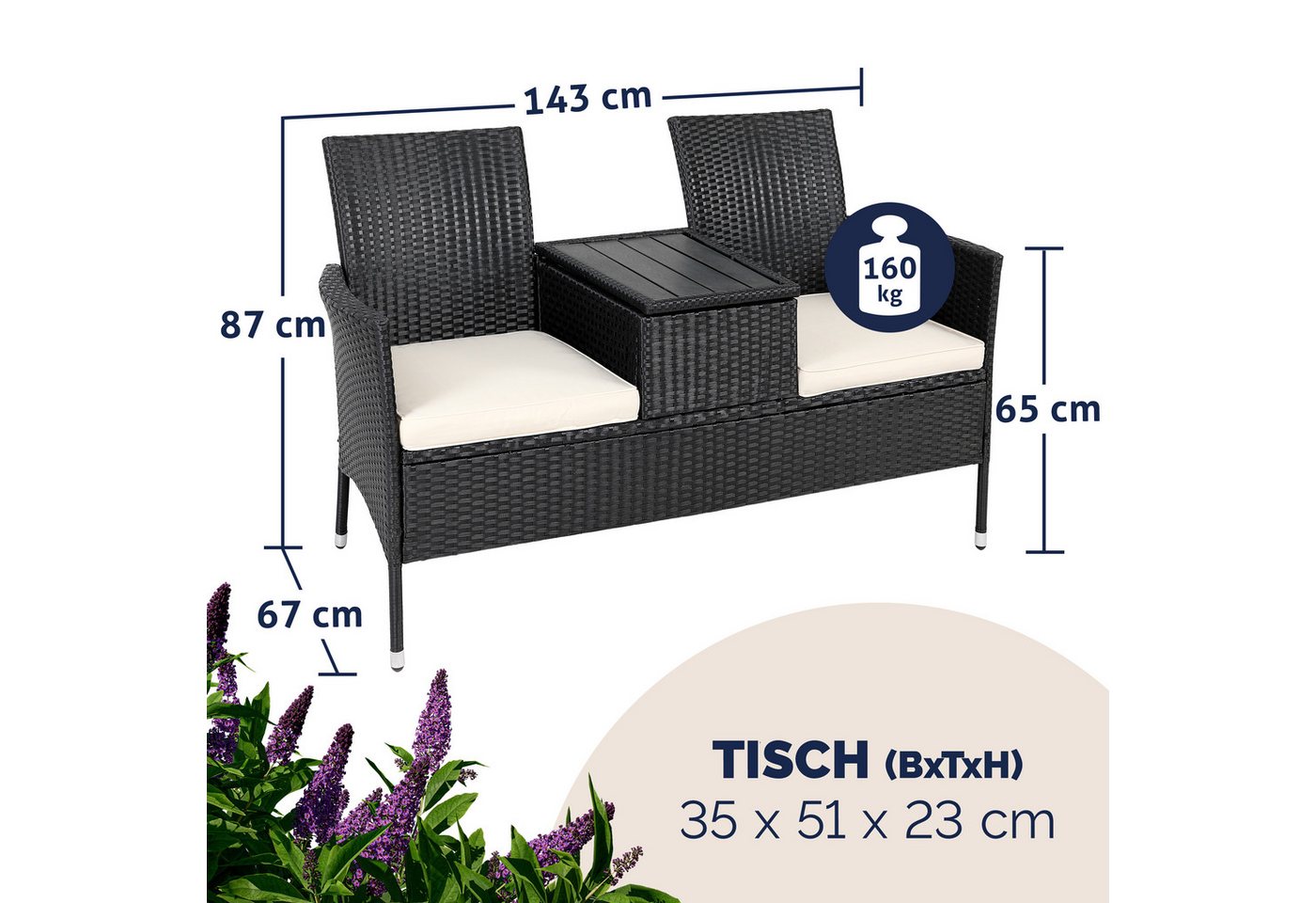 Casaria Gartenbank, Sitzbank inkl. Auflagen Polyrattan 320kg Belastbar Tisch Garten – Bild 5 von 5