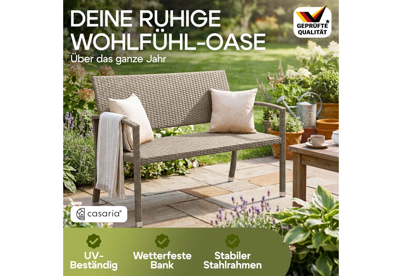 Casaria Gartenbank, Sitzbank Wetterfest 320kg Belastbar Garten Bank Polyrattan Creme – Bild 2 von 5