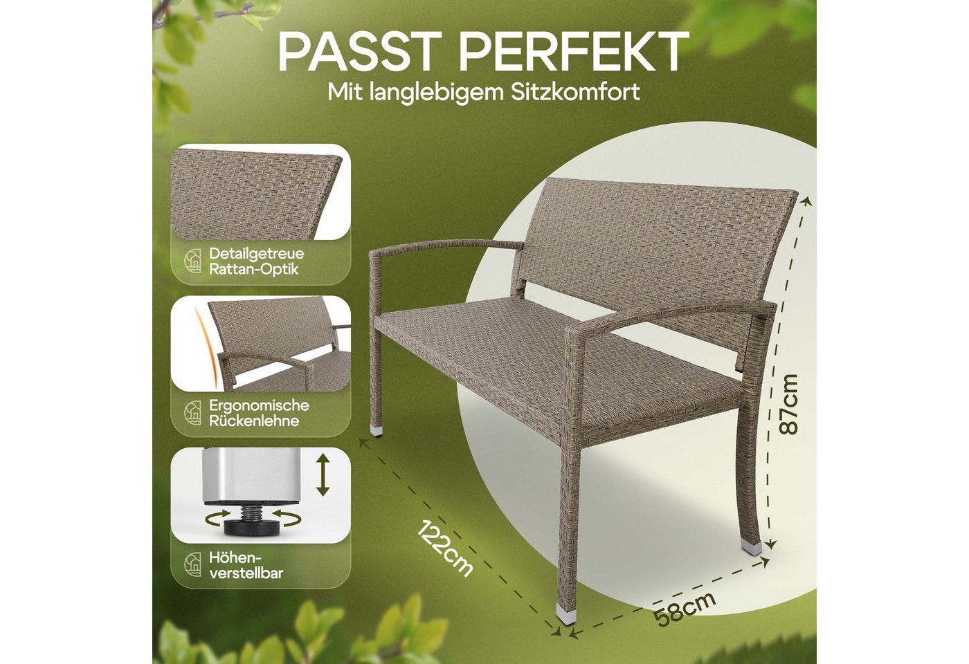 Casaria Gartenbank, Sitzbank Wetterfest 320kg Belastbar Garten Bank Polyrattan Creme – Bild 3 von 5