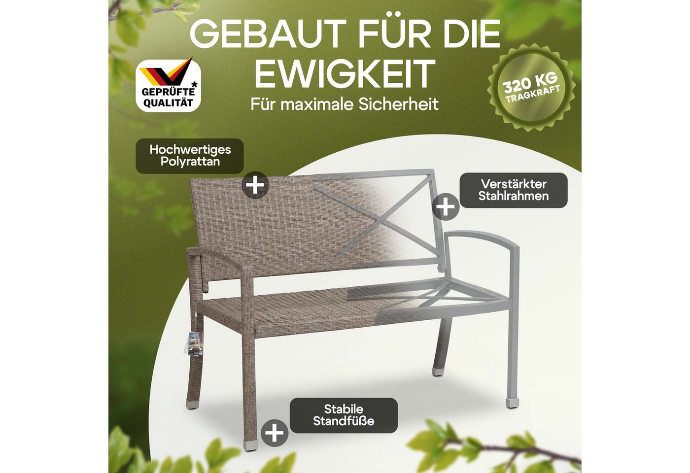 Casaria Gartenbank, Sitzbank Wetterfest 320kg Belastbar Garten Bank Polyrattan Creme – Bild 4 von 5