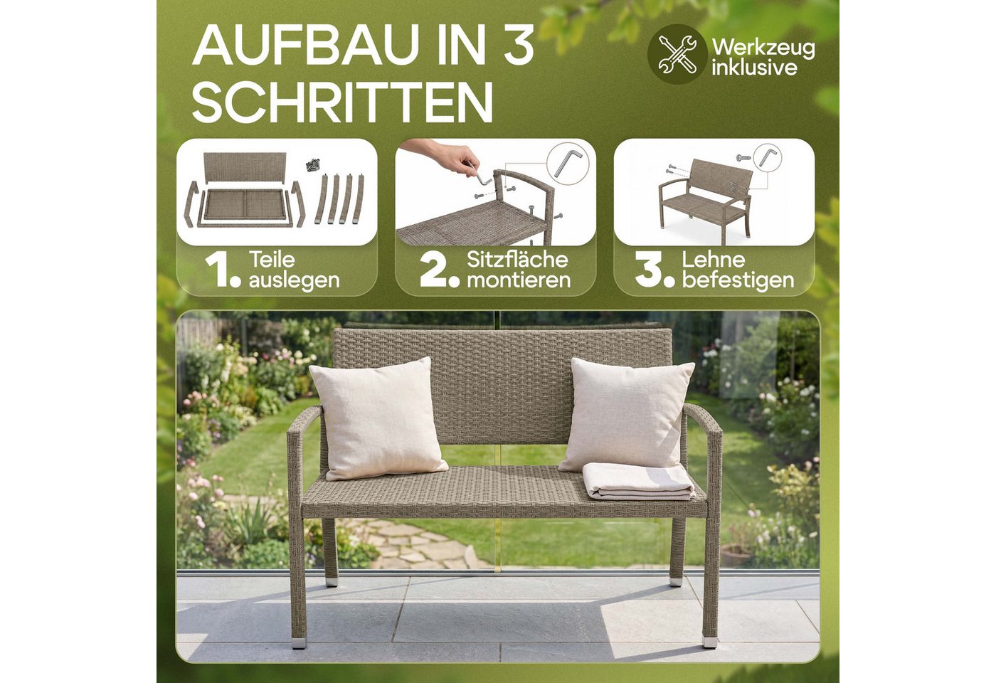 Casaria Gartenbank, Sitzbank Wetterfest 320kg Belastbar Garten Bank Polyrattan Creme – Bild 5 von 5
