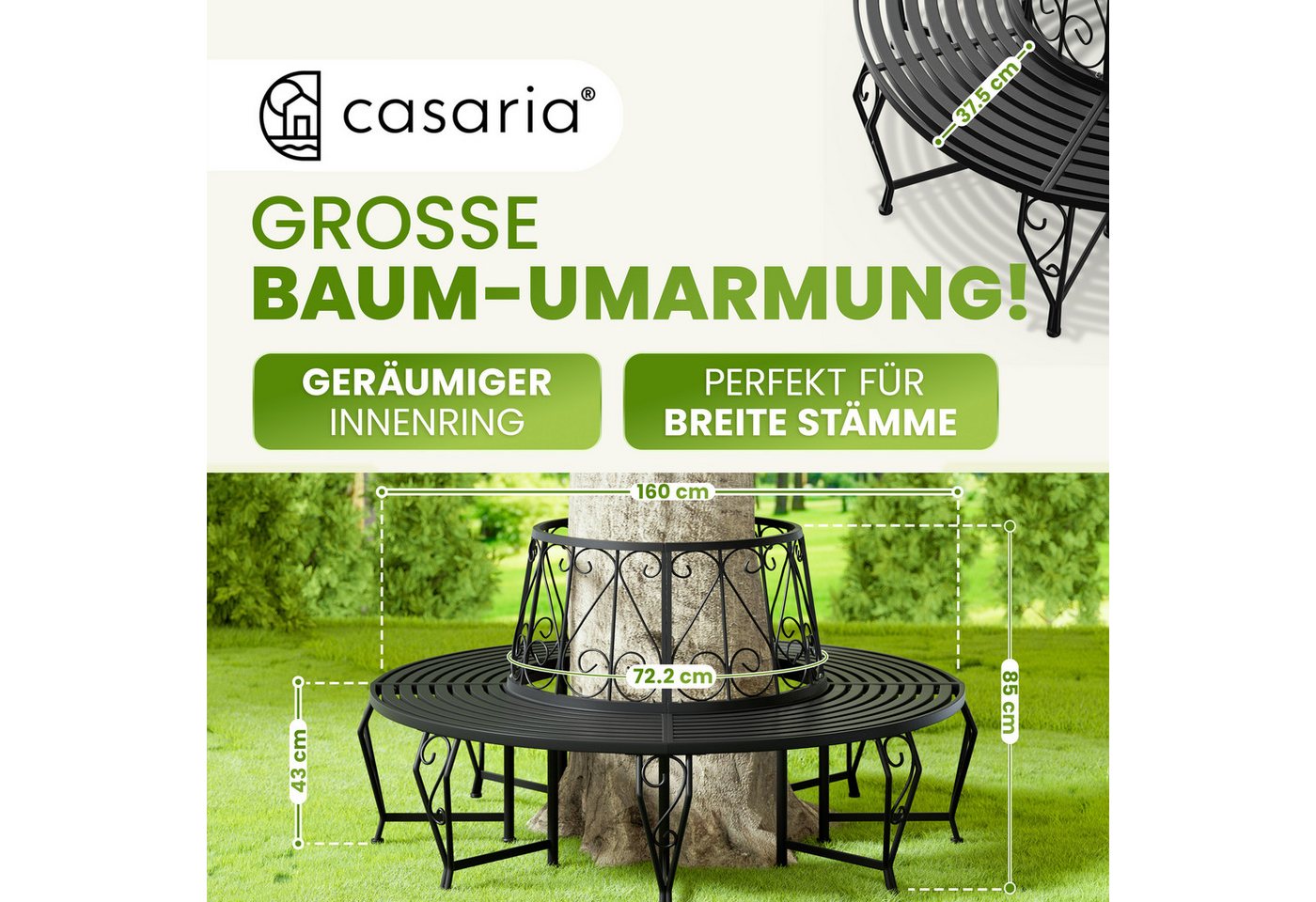 Casaria Gartenbank, Sitzbank Ø160cm Metall 320kg Belastbar Garten Baum Schwarz – Bild 5 von 5