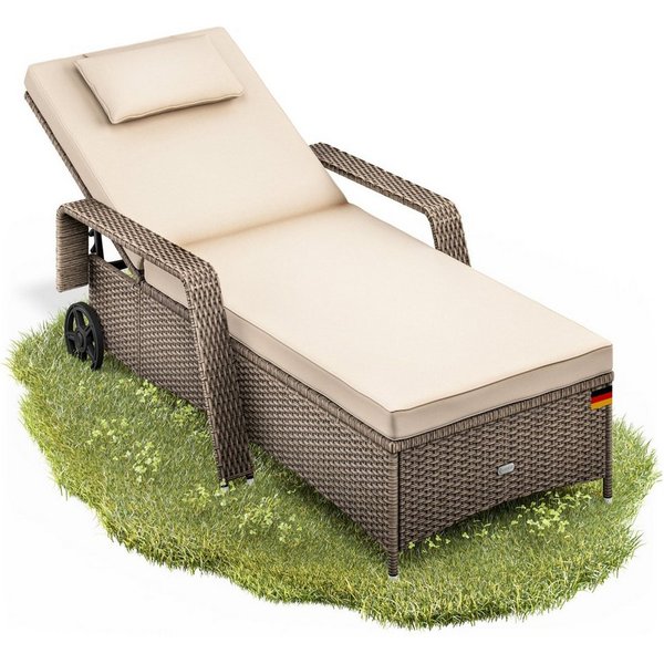 Casaria Gartenliege, 165kg Belastbar 7cm Auflage mit Rollen Sonnenliege 5fach verstellbar