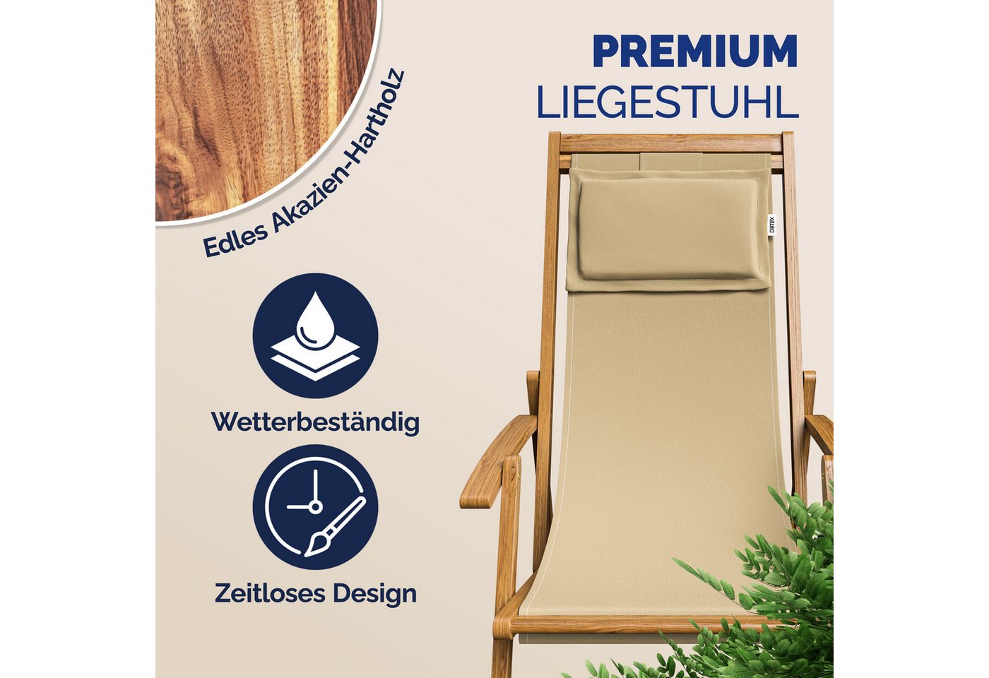 Casaria Gartenliege Beige, 160kg Belastbar Armlehne Nackenkissen Klappbar Verstellbar – Bild 2 von 5