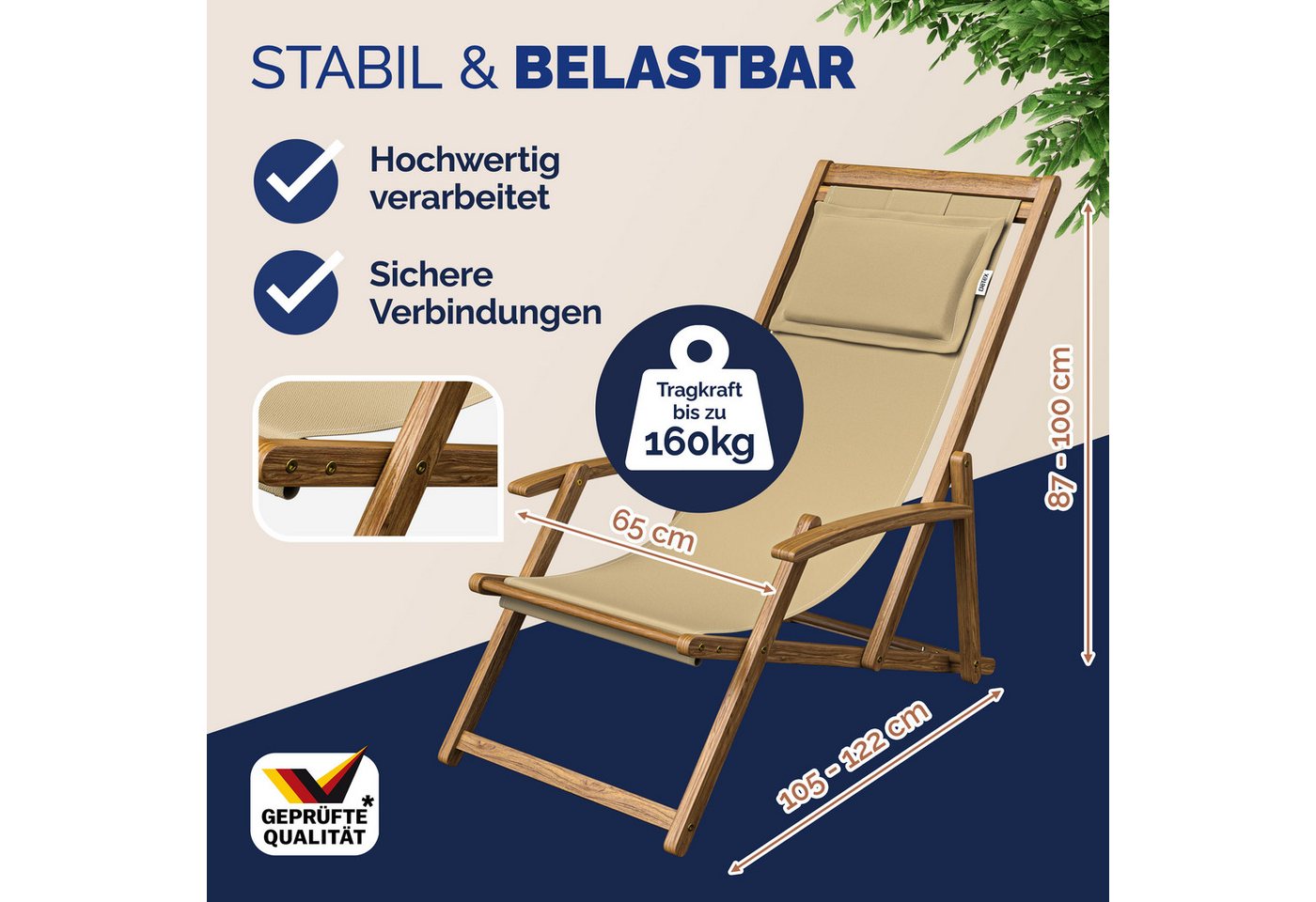 Casaria Gartenliege Beige, 160kg Belastbar Armlehne Nackenkissen Klappbar Verstellbar – Bild 3 von 5