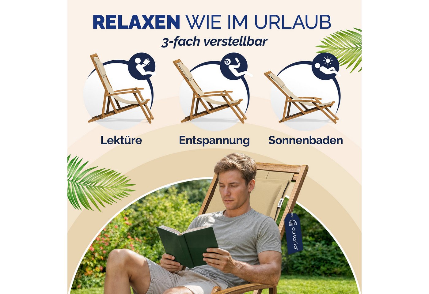Casaria Gartenliege Beige, 160kg Belastbar Armlehne Nackenkissen Klappbar Verstellbar – Bild 5 von 5