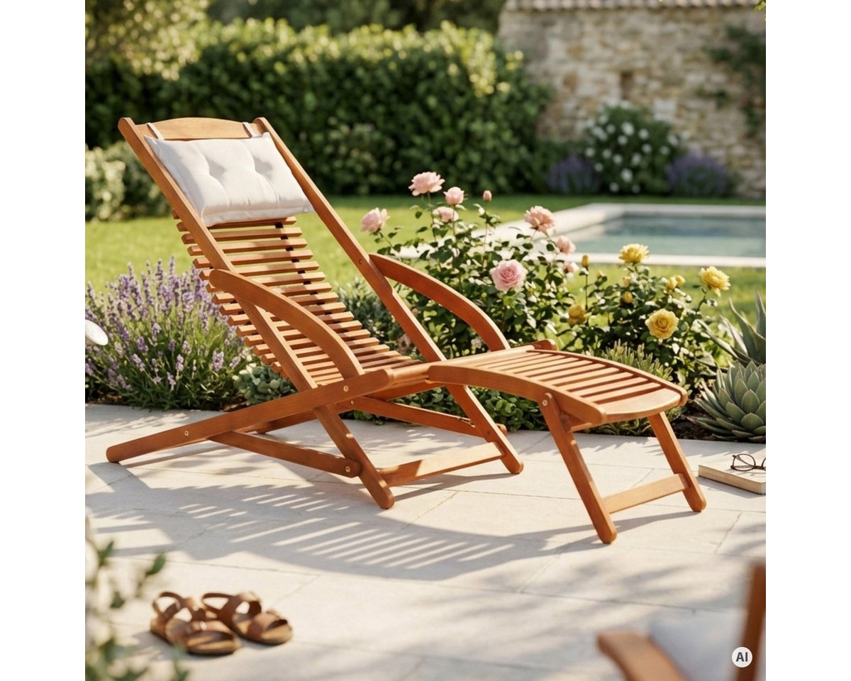 Casaria Gartenliege Braun, Wetterfest Holz klappbar Ergonomisch Kopfkissen Fußstütze – Bild 3 von 5