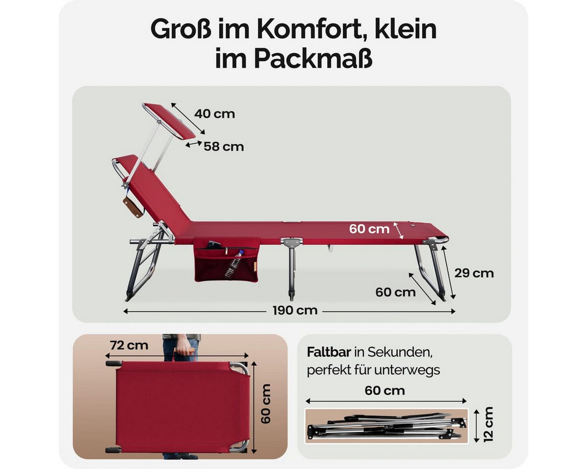 Casaria Gartenliege Ibiza, 1 St., Klappbar Sonnenliege mit Dach Liegestuhl Strand 190x60cm Leicht Rot – Bild 3 von 5