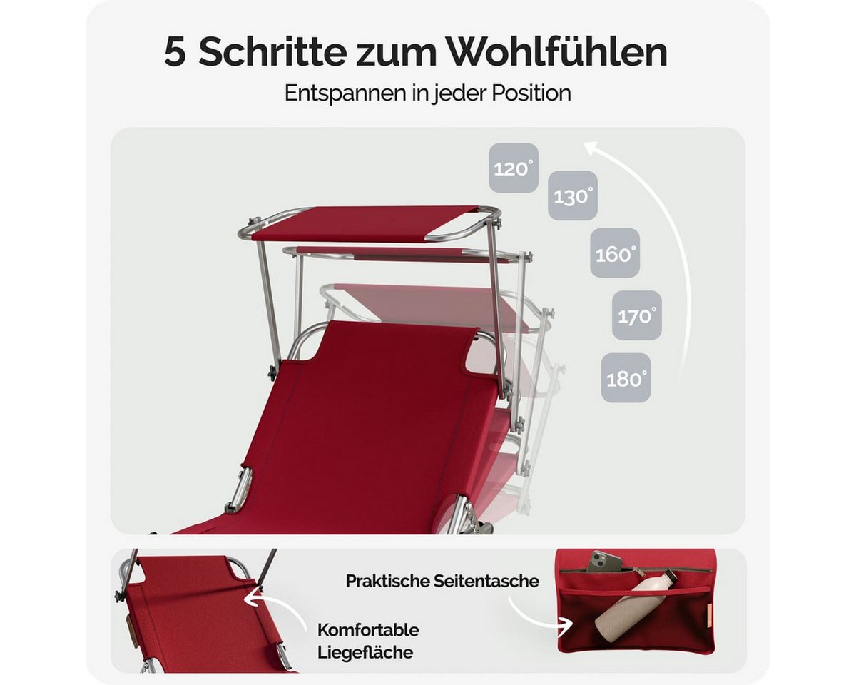 Casaria Gartenliege Ibiza, 1 St., Klappbar Sonnenliege mit Dach Liegestuhl Strand 190x60cm Leicht Rot – Bild 4 von 5