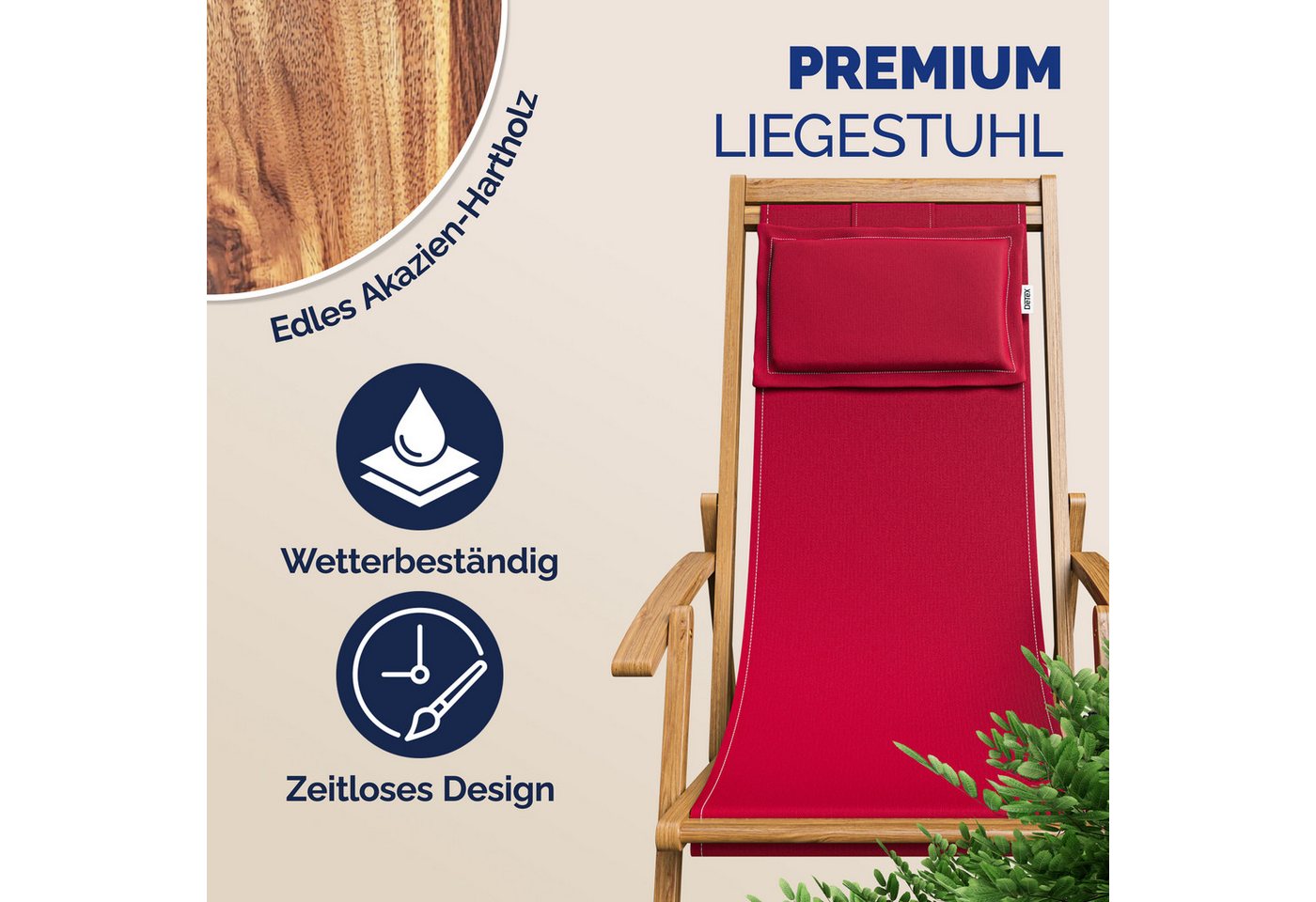 Casaria Gartenliege Rot, 160kg Belastbar Armlehne Nackenkissen Klappbar Verstellbar – Bild 2 von 5