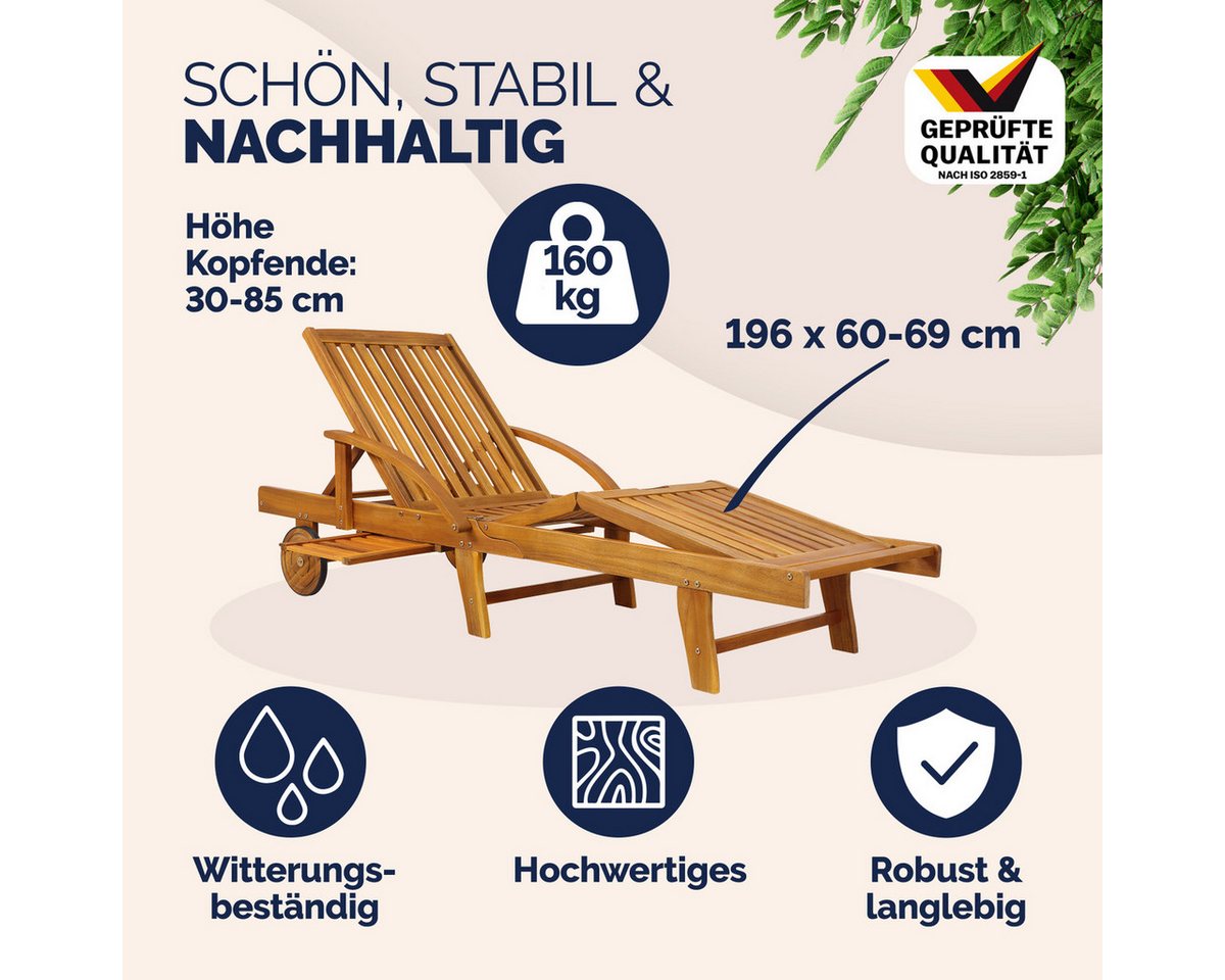 Casaria Gartenliege Tami Sun, 2er Set Klappbar Wetterfest 2 Personen Holz Gartenliege Ablage 196cm – Bild 3 von 5