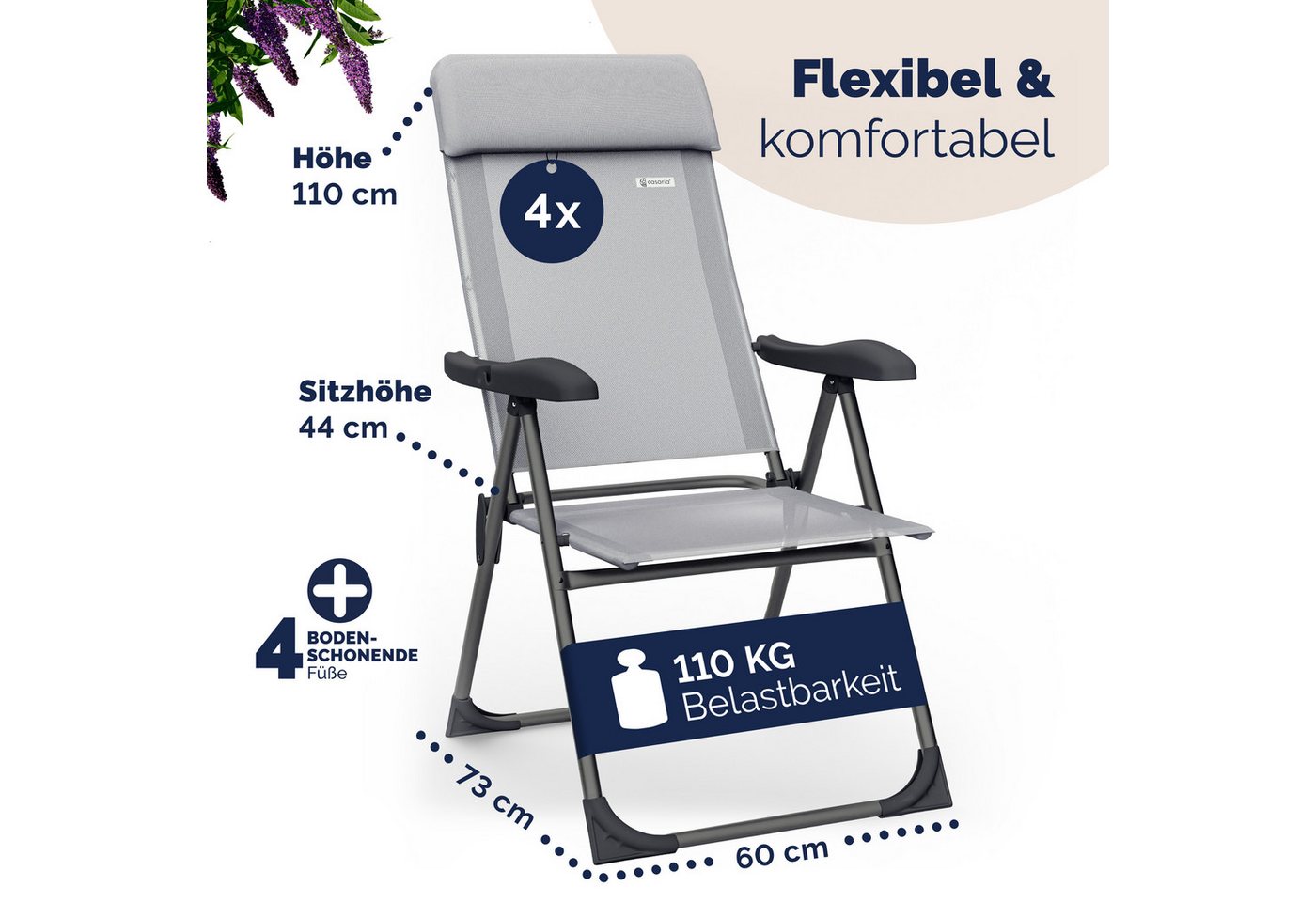Casaria Gartenstuhl, Klappbar 4er Set 7-fach Verstellbar Alu mit hoher Rückenlehne – Bild 3 von 5