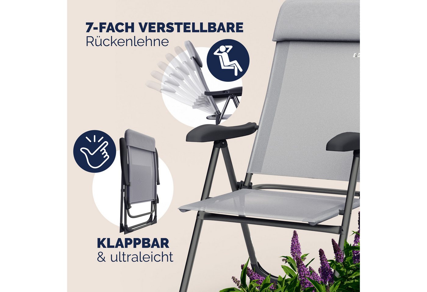 Casaria Gartenstuhl, Klappbar 4er Set 7-fach Verstellbar Alu mit hoher Rückenlehne – Bild 4 von 5