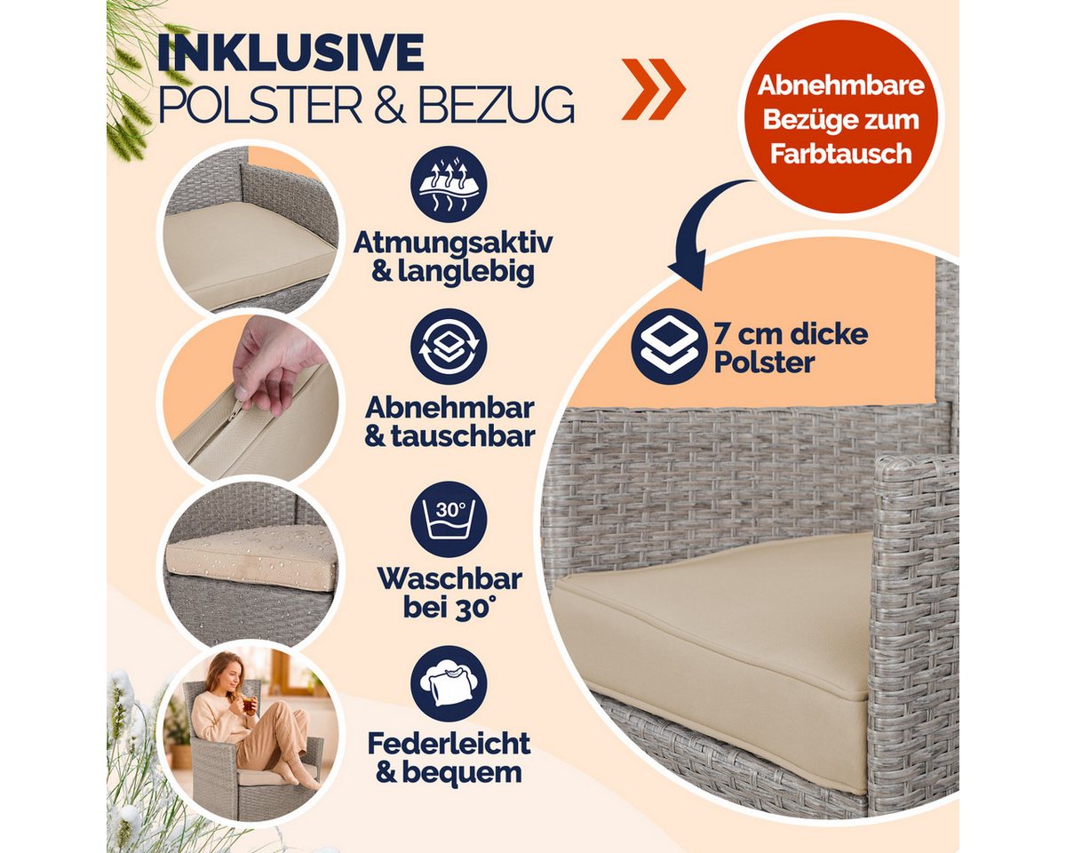 Casaria Gartenstuhl (2 St), Polyrattan 2er Set Stapelbar 7cm Auflagen 160kg Belastbarkeit – Bild 4 von 5