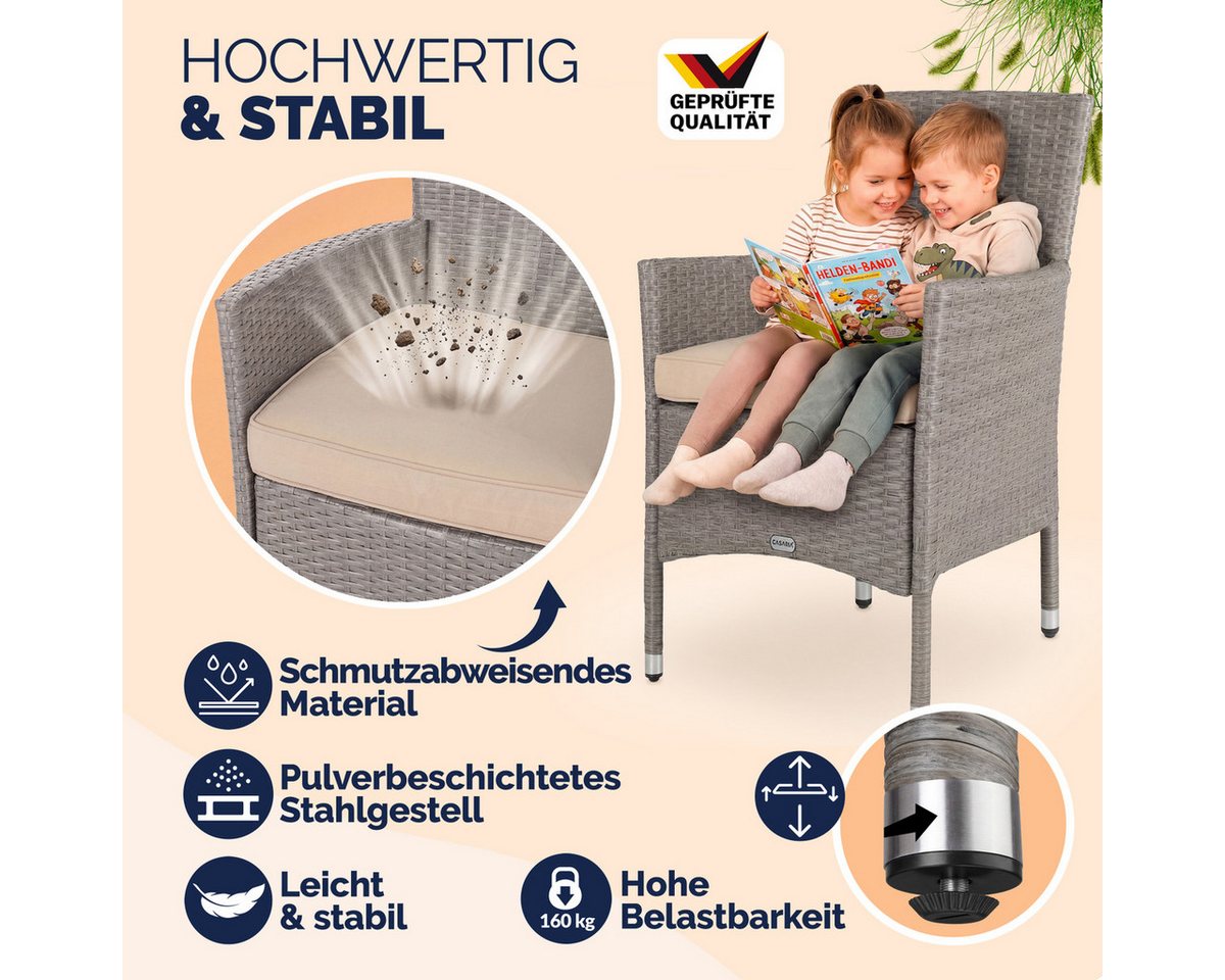 Casaria Gartenstuhl (2 St), Polyrattan 2er Set Stapelbar 7cm Auflagen 160kg Belastbarkeit – Bild 5 von 5