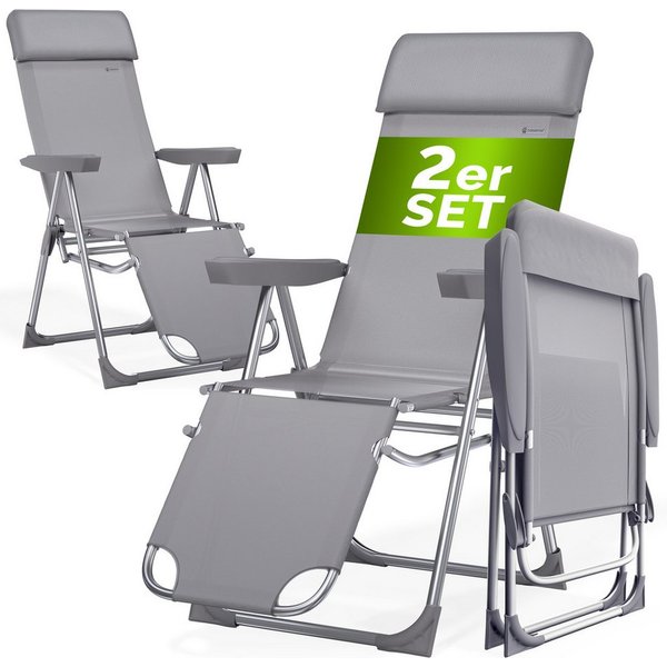 Casaria Gartenstuhl (2 St), 2er Set Hochlehner 6fach Verstellbar Liegefunktion Alu Klappbar Grau
