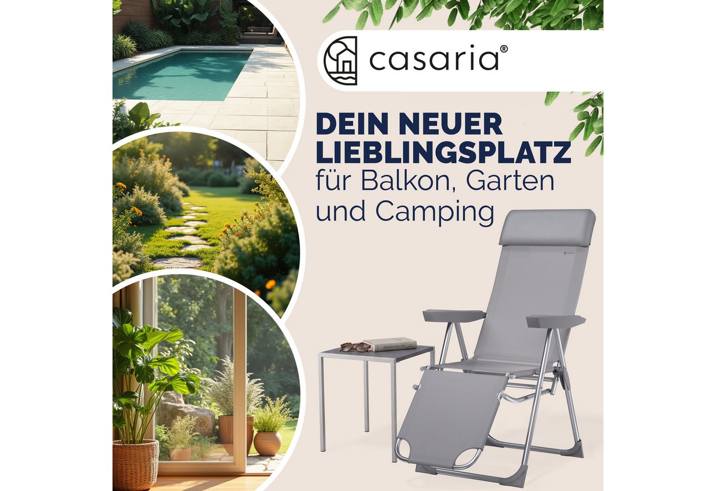 Casaria Gartenstuhl (2 St), 2er Set Hochlehner 6fach Verstellbar Liegefunktion Alu Klappbar Grau – Bild 3 von 5