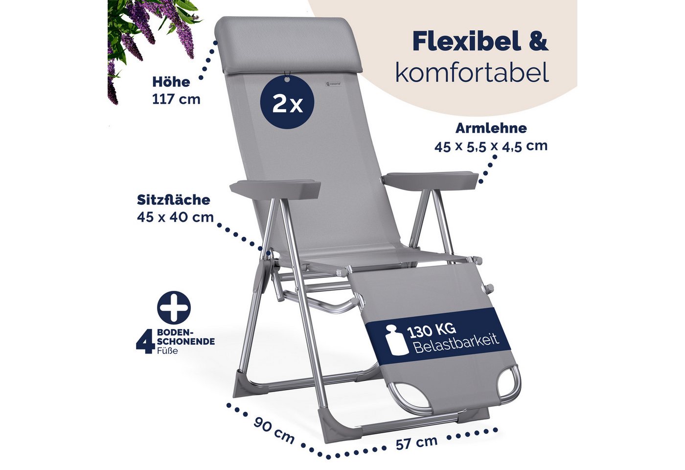 Casaria Gartenstuhl (2 St), 2er Set Hochlehner 6fach Verstellbar Liegefunktion Alu Klappbar Grau – Bild 4 von 5