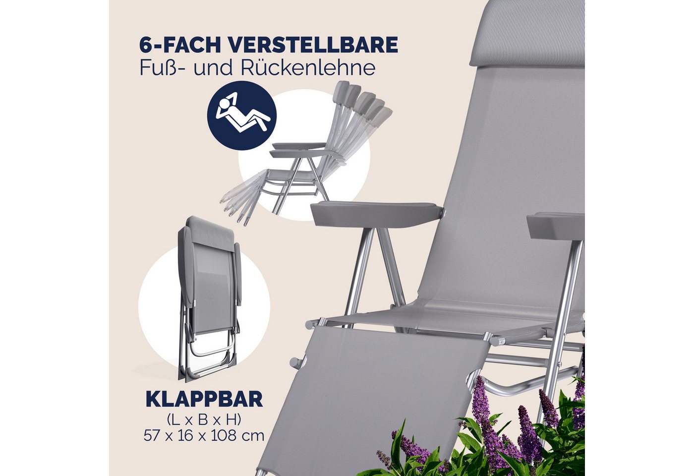 Casaria Gartenstuhl (2 St), 2er Set Hochlehner 6fach Verstellbar Liegefunktion Alu Klappbar Grau – Bild 5 von 5
