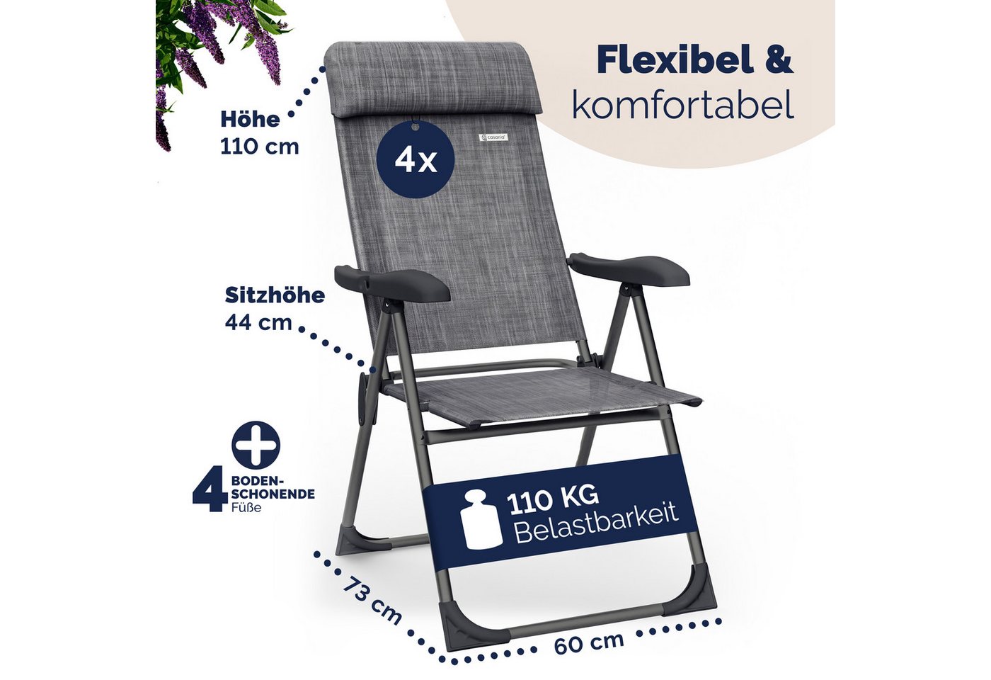 Casaria Gartenstuhl, Klappbar 4er Set 7-fach Verstellbar Alu mit hoher Rückenlehne – Bild 3 von 5